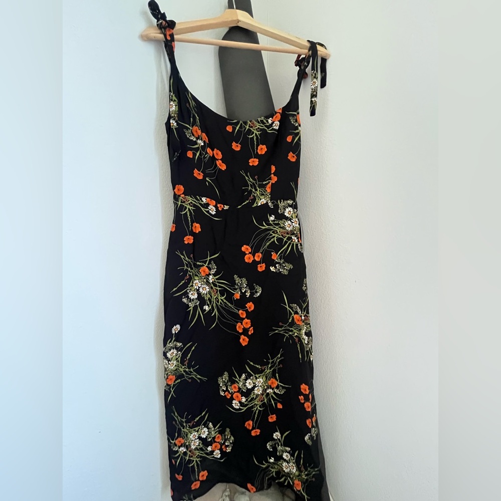 Reformation Besse Black Midi Dress with Orange Floral Print in 4 - Picture 4 of 7